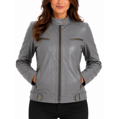 Women's Waxed Grey Genuine Lambskin Cafe Racer Leather Jacket