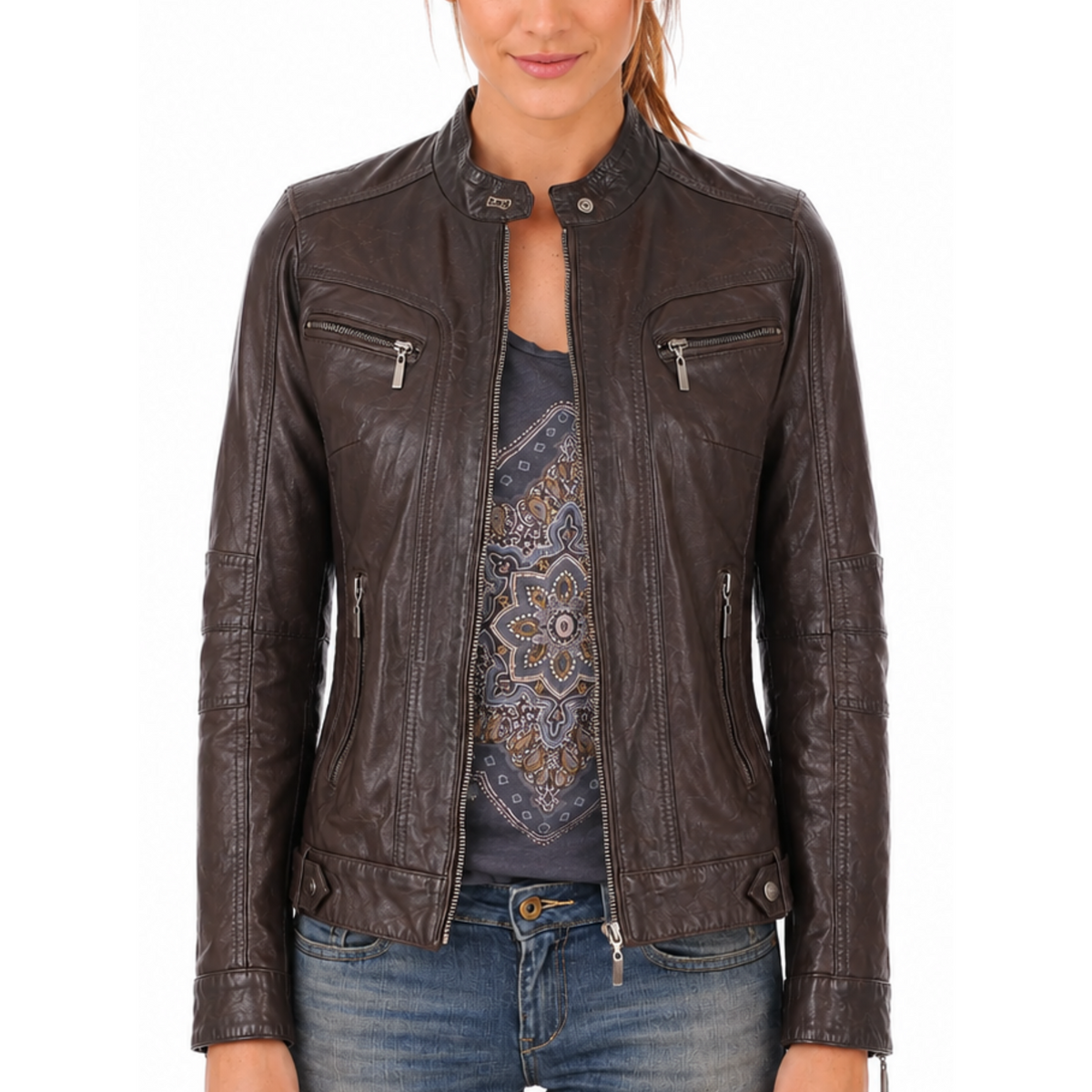 Women's Brown Geniune Lambskin Cafe Racer Leather Jacket