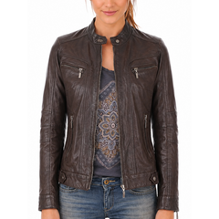 Women's Brown Geniune Lambskin Cafe Racer Leather Jacket