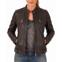 Women's Brown Geniune Lambskin Cafe Racer Leather Jacket