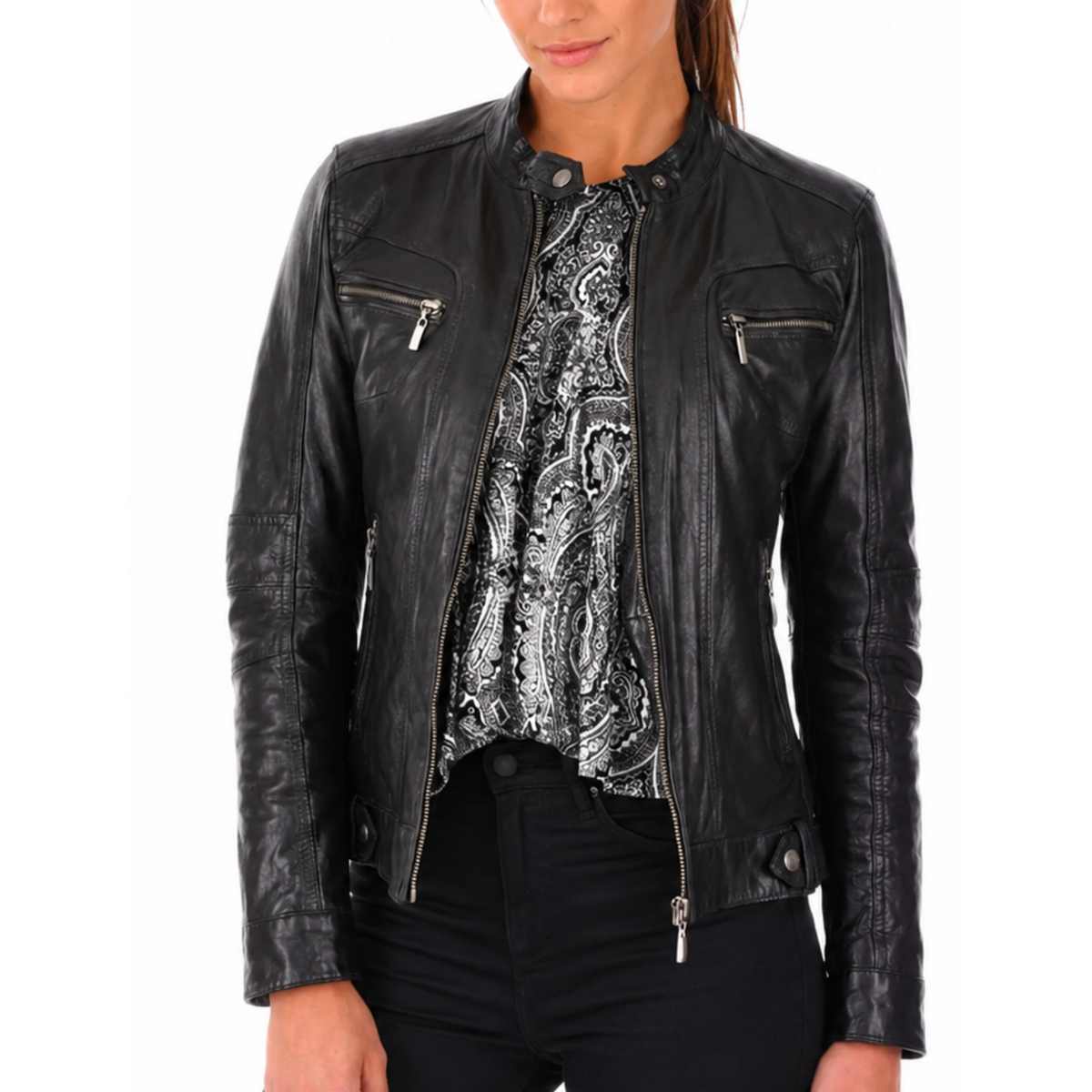 Women's Black Geniune Lambskin Cafe Racer Leather Jacket
