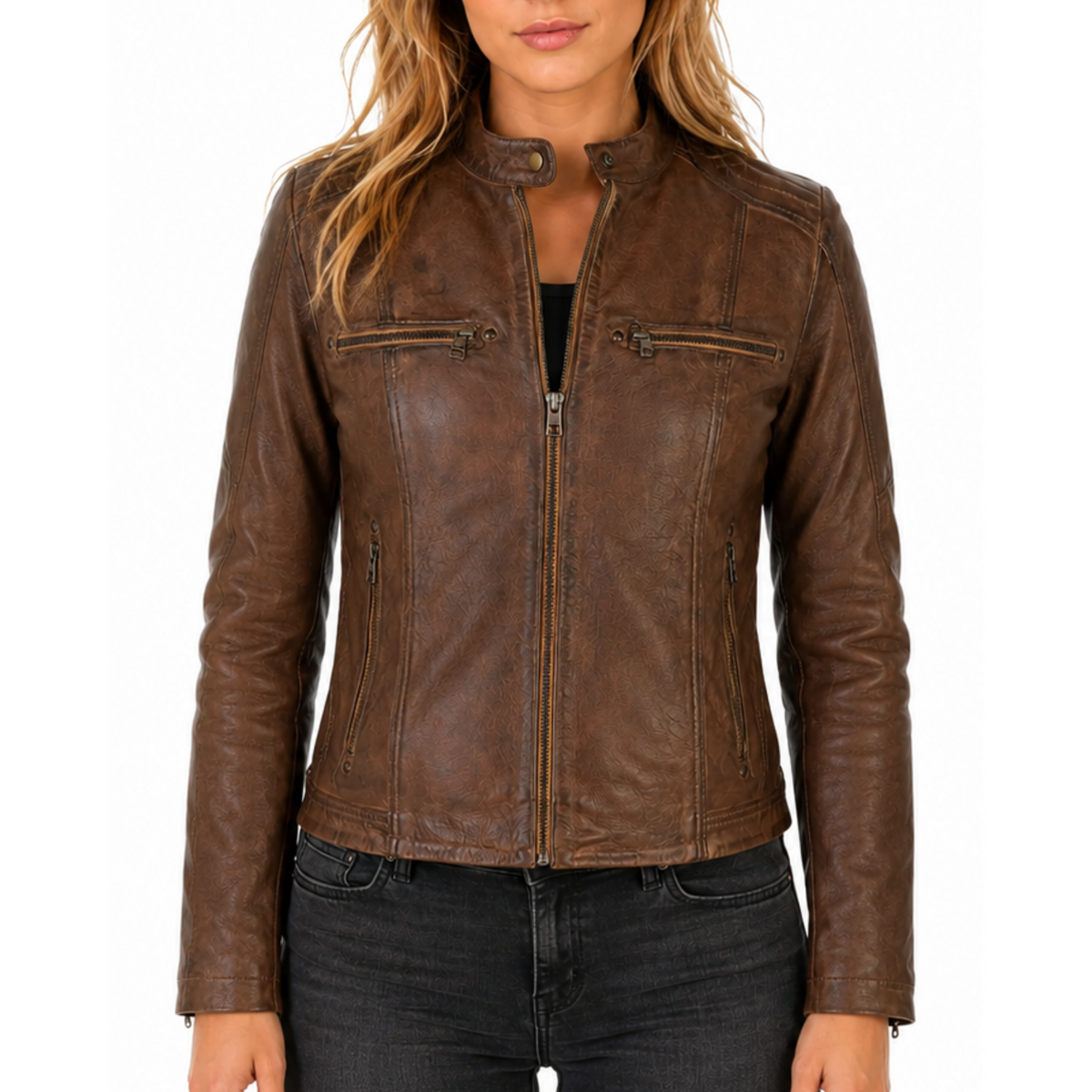 Women Vintage Brown Racer Leather Jacket