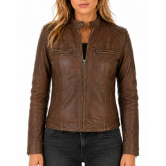 Women Vintage Brown Racer Leather Jacket
