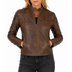 Women Vintage Brown Racer Leather Jacket
