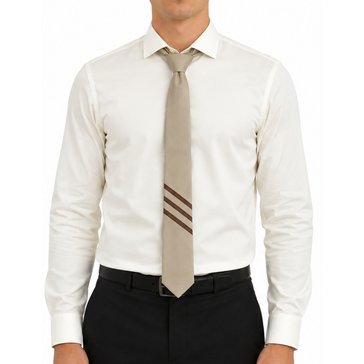 Beige and Brown Stripe Genuine Leather Necktie Tie
