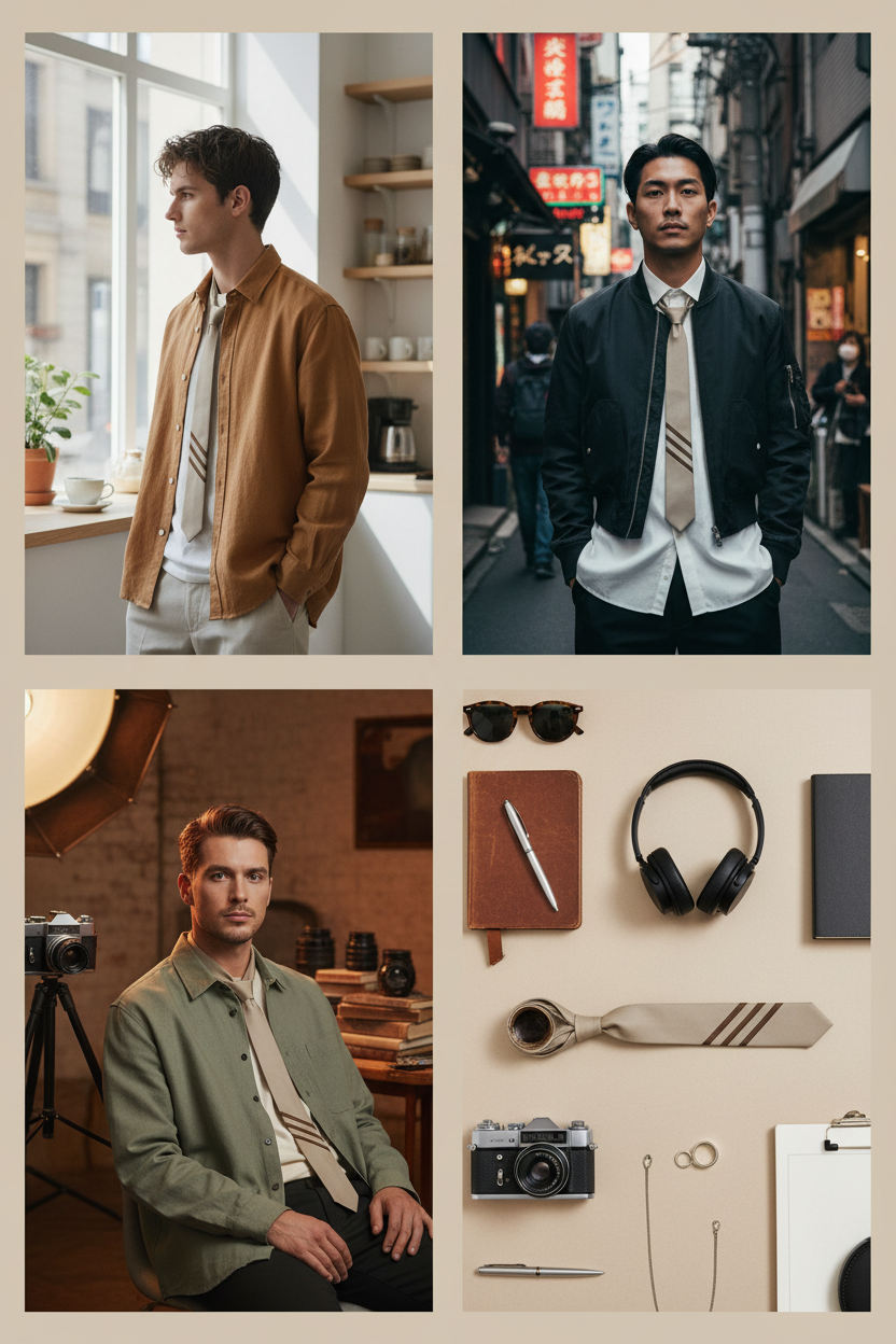 A four-panel collage showing a man in different styled outfits and scenes, alongside matching accessories laid out on a beige surface including sunglasses, a notebook, pen, headphones, tie, camera, and small accessories.