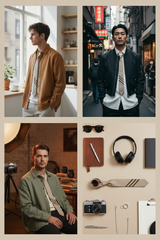 A four-panel collage showing a man in different styled outfits and scenes, alongside matching accessories laid out on a beige surface including sunglasses, a notebook, pen, headphones, tie, camera, and small accessories.