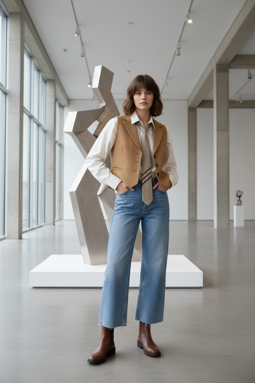A woman stands in a modern art gallery wearing a tan vest over a cream shirt with a striped tie, blue jeans, and brown boots. A large abstract sculpture is behind her.