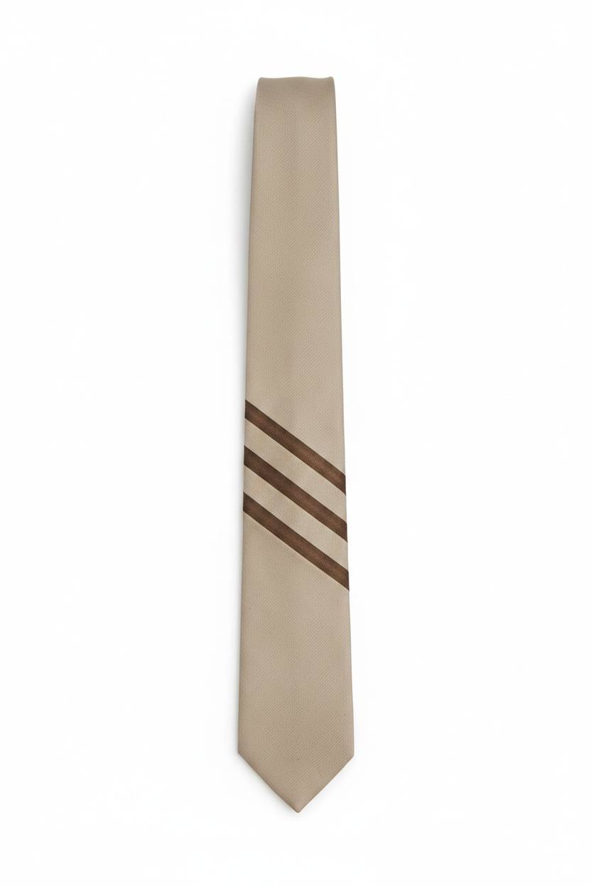 A beige necktie with three diagonal brown stripes near the base, displayed vertically against a plain white background.