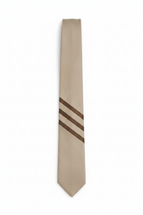A beige necktie with three diagonal brown stripes near the base, displayed vertically against a plain white background.