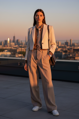 A woman stands on a rooftop terrace at sunset wearing a tailored beige blazer, matching wide-leg trousers, a brown tie, and white sneakers, with a city skyline in the background.