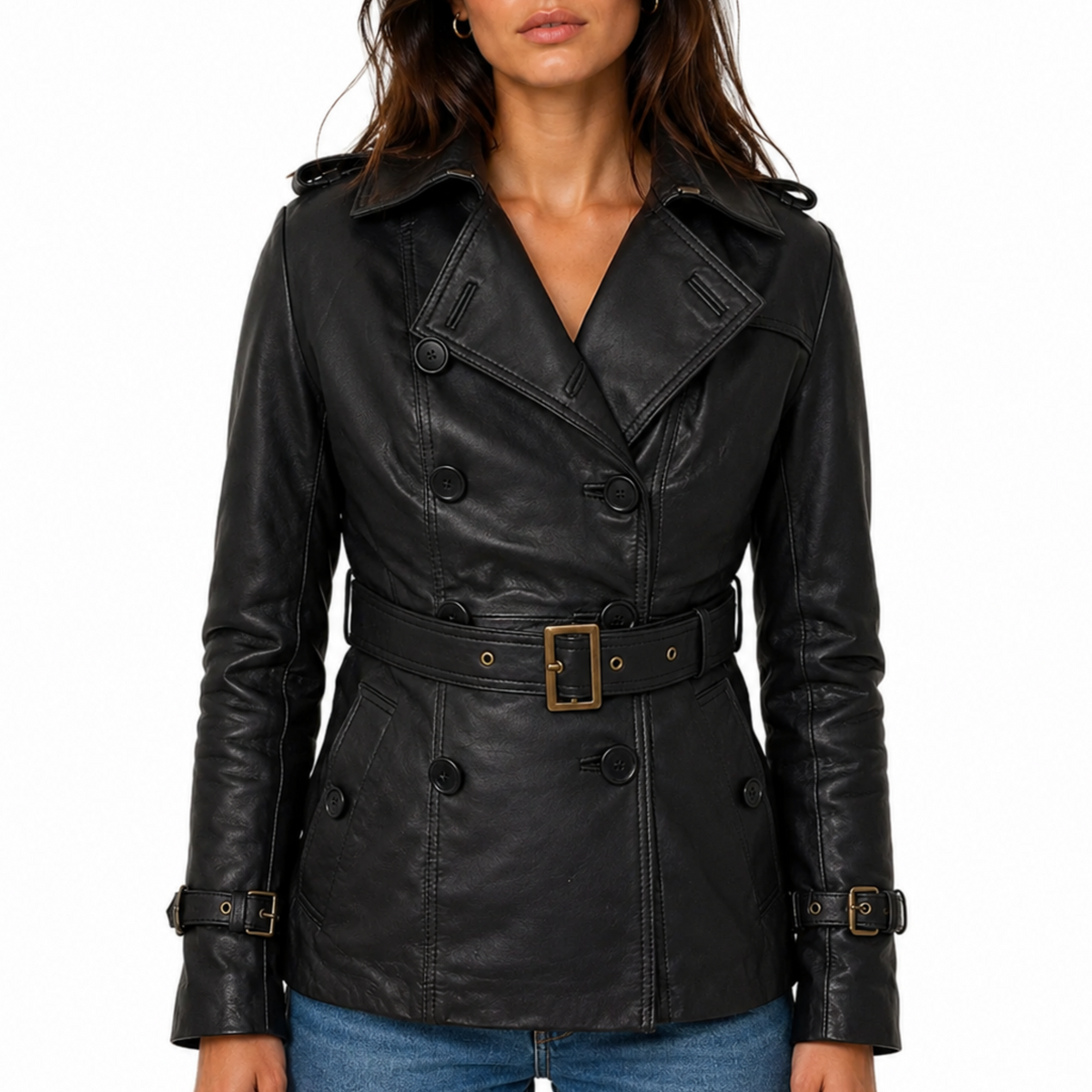 Women Designer Black Slim Trench Three Quarter Coat Jacket
