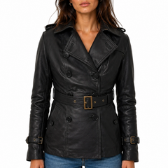 Women Designer Black Slim Trench Three Quarter Coat Jacket