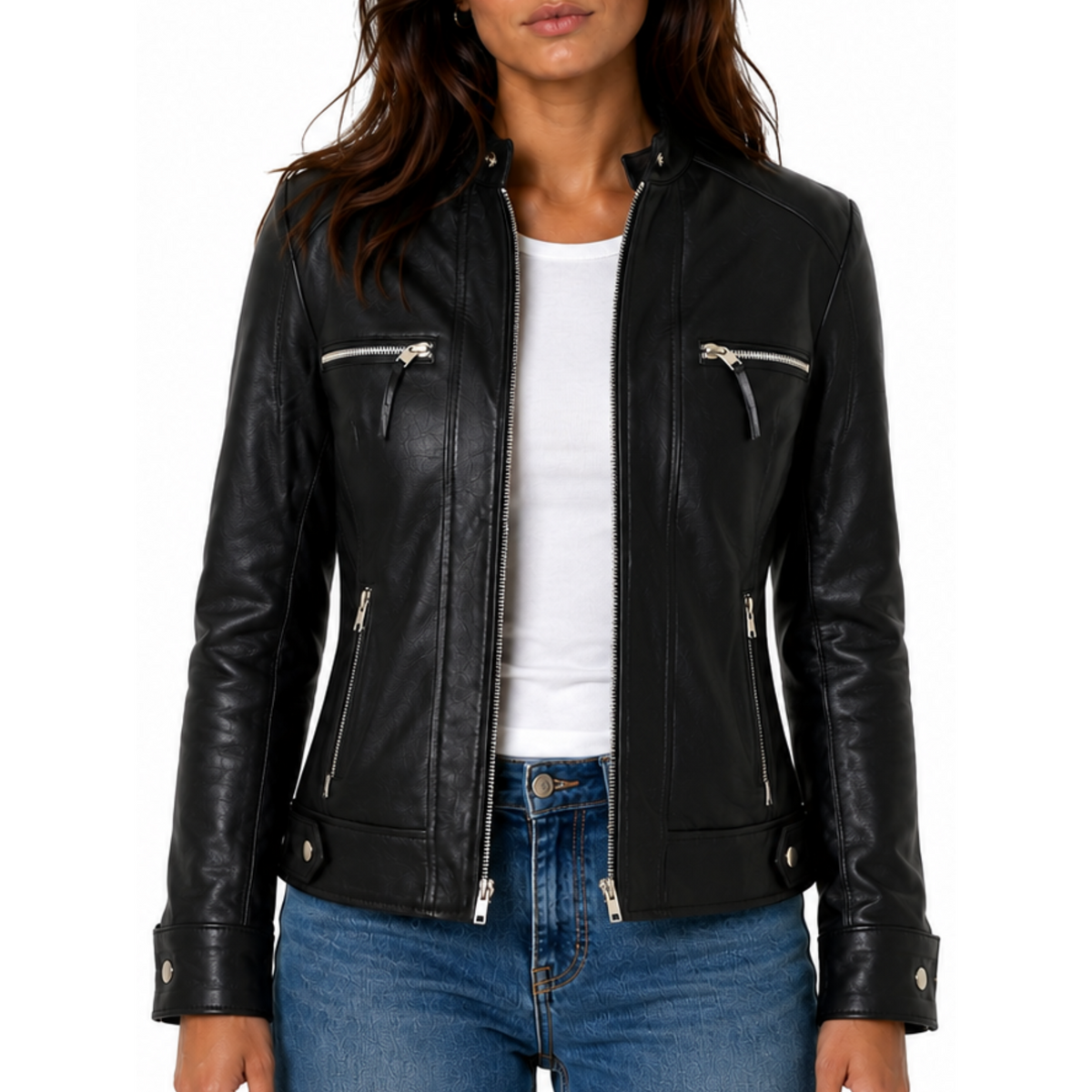 Women Black Biker Slim Fit Leather Jacket