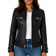 Women Black Biker Slim Fit Leather Jacket