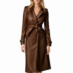 Women Brown Genuine Real Leather Designer Trench Belted Coat