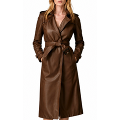 Women Brown Genuine Real Leather Designer Trench Belted Coat