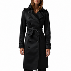Women's Double-Breasted Black Long Belted Pure Cotton Coat