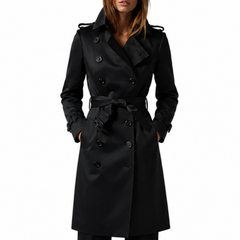 Women's Double-Breasted Black Long Belted Pure Cotton Coat