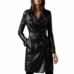 Women's Black Double Breasted Long Trench Belted Coat With Lapel Collar