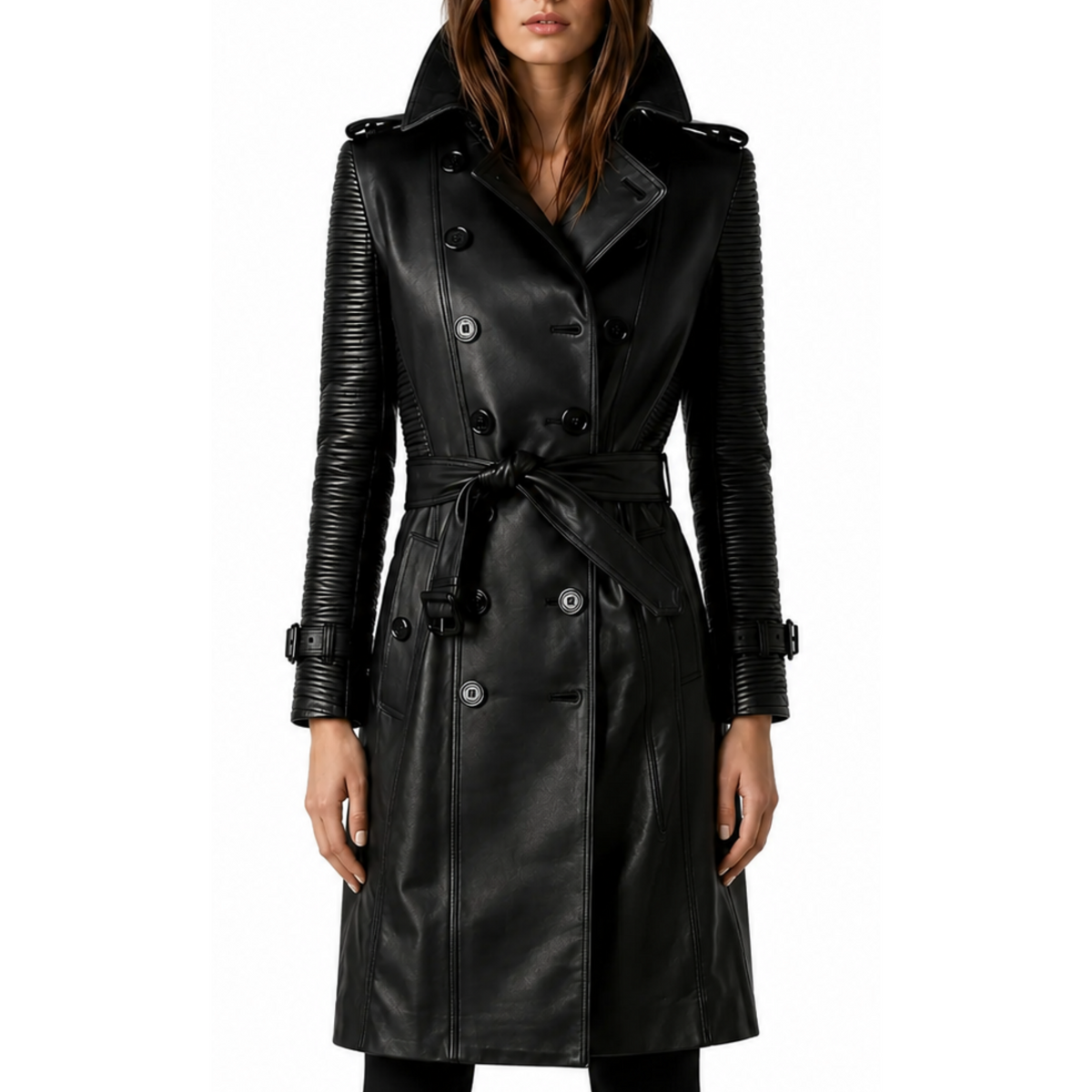 Women's Double-Breasted Black Quilted Real Leather Belted Trench Coat