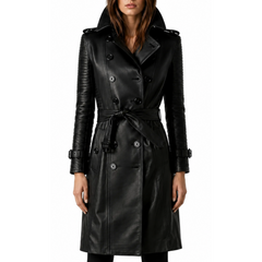 Women's Double-Breasted Black Quilted Real Leather Belted Trench Coat