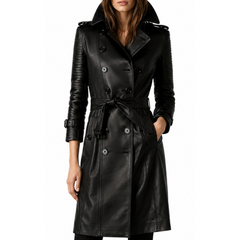 Women's Double-Breasted Black Quilted Real Leather Belted Trench Coat