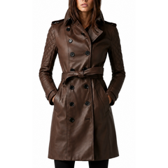 Women's Double-Breasted brown Quilted Genuine Leather Belted Overcoat