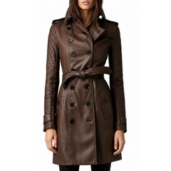Women's Double-Breasted brown Quilted Genuine Leather Belted Overcoat