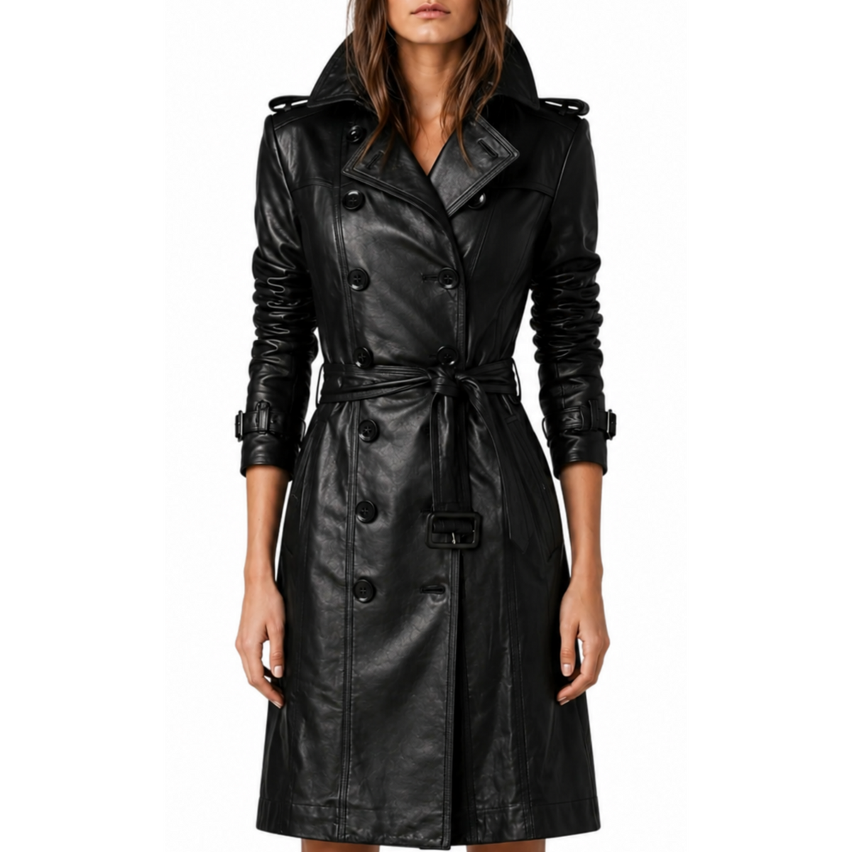 Women Slim Fit Black Double Breasted Trench Leather Coat