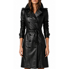 Women Slim Fit Black Double Breasted Trench Leather Coat