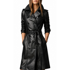 Women Slim Fit Black Double Breasted Trench Leather Coat