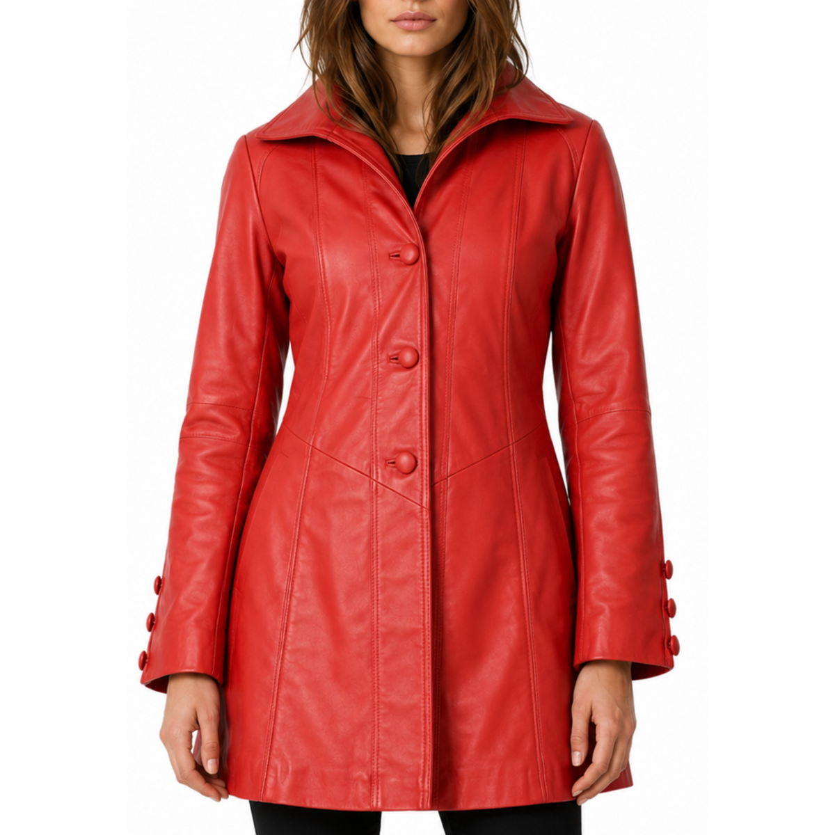 Women's Designer Red Mid-Length Genuine Leather Coat