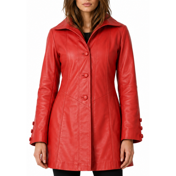 Women's Designer Red Mid-Length Genuine Leather Coat – South Beach