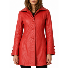 Women's Designer Red Mid-Length Genuine Leather Coat
