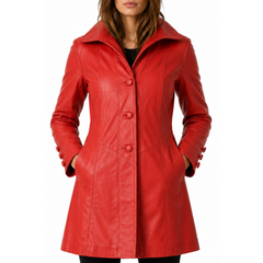 Women's Designer Red Mid-Length Genuine Leather Coat