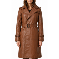 Women Brown Belted Mid-Length Genuine Leather Trench Coat