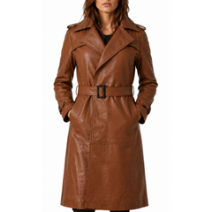 Women Brown Belted Mid-Length Genuine Leather Trench Coat
