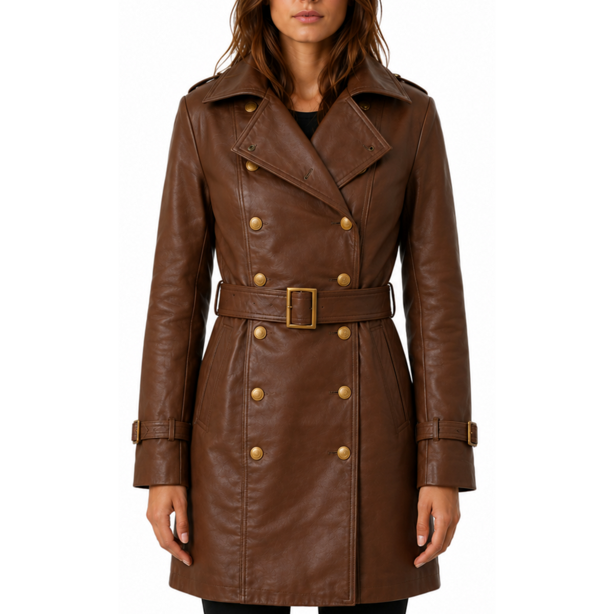 Women's Fashion Brown Trench Leather Coat