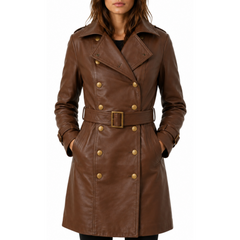 Women's Fashion Brown Trench Leather Coat