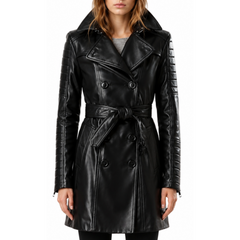 Women Designer Ladies Vintage Outerwear Black Trench Leather Long Coat