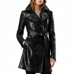 Women Designer Ladies Vintage Outerwear Black Trench Leather Long Coat