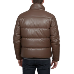 Men’s Brown Faux Leather Quilted Winter Puffer Bomber Jacket