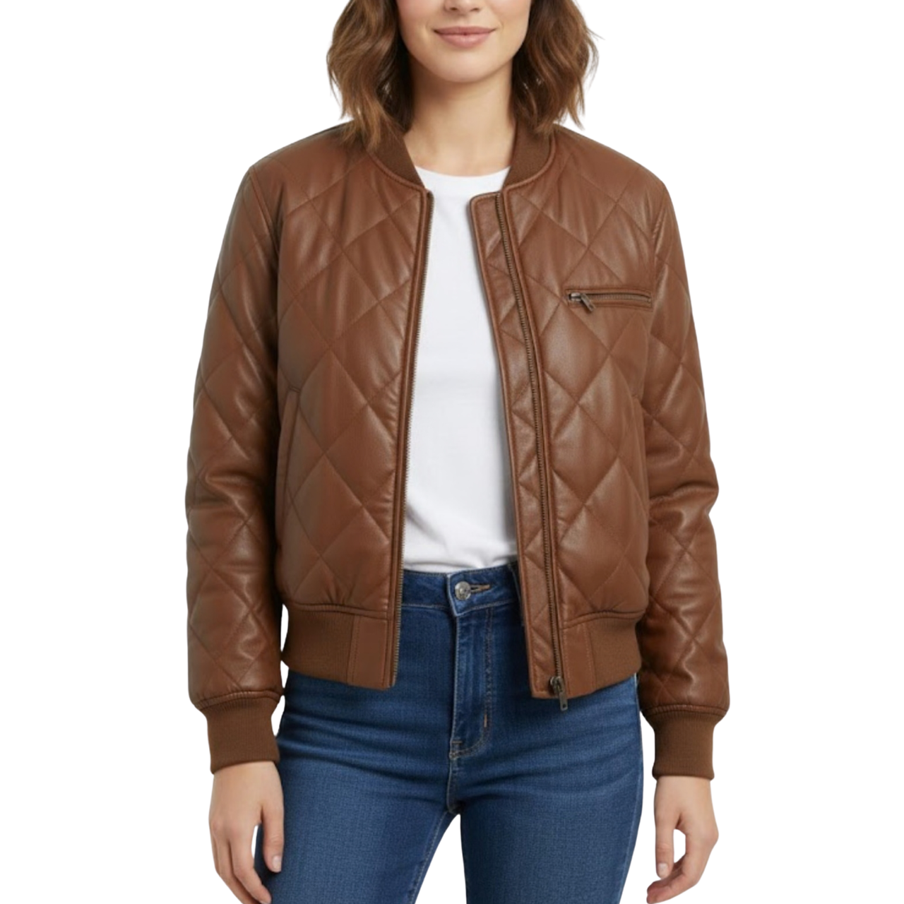 Women’s Brown Puffer Leather Quilted Bomber Winter Outerwear Jacket