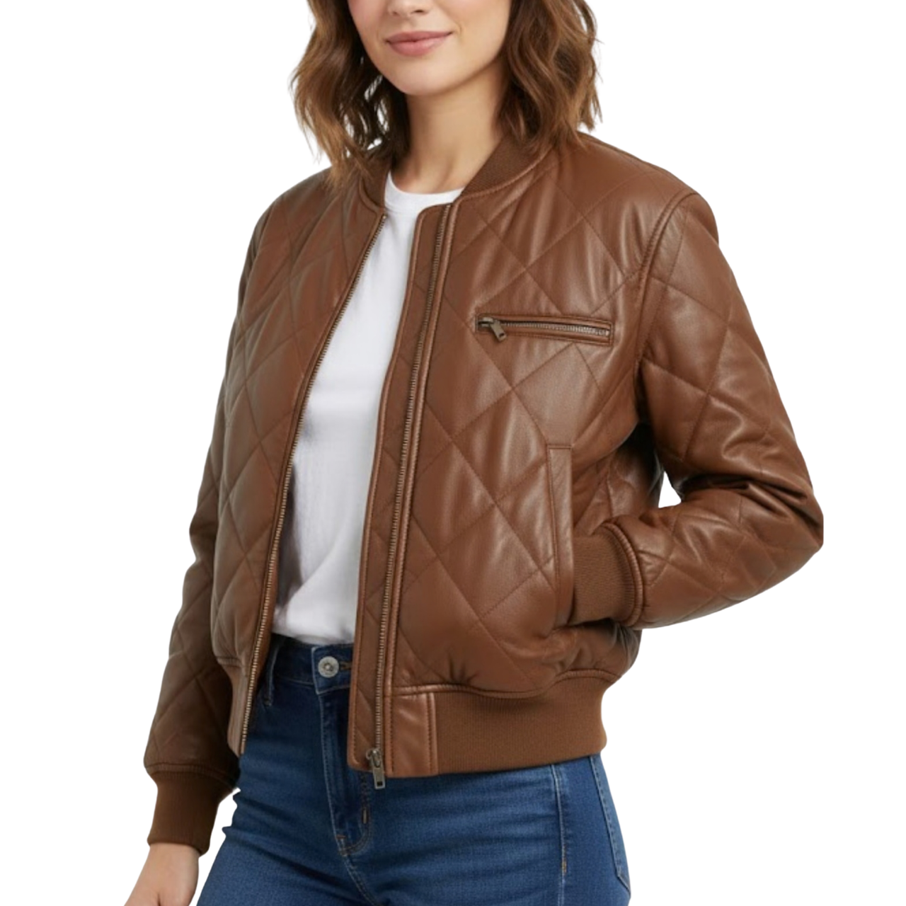 Women’s Brown Puffer Leather Quilted Bomber Winter Outerwear Jacket