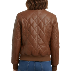 Women’s Brown Puffer Leather Quilted Bomber Winter Outerwear Jacket