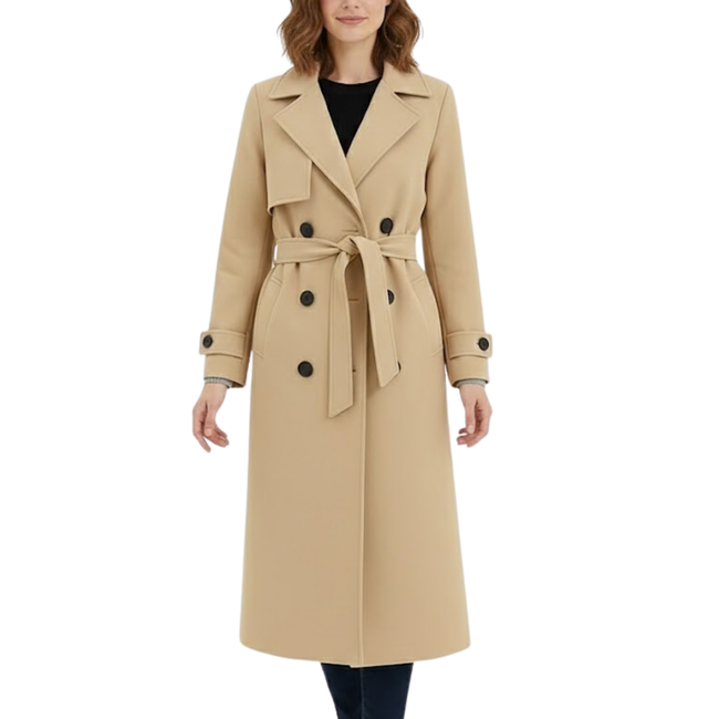 Women’s Beige Premium Wool Double-Breasted Long Trench Coat