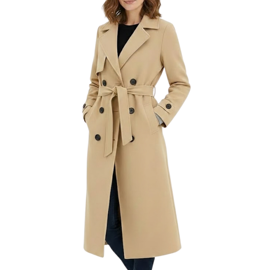 Women’s Beige Premium Wool Double-Breasted Long Trench Coat