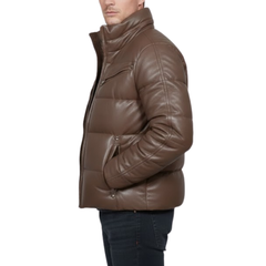 Men’s Brown Faux Leather Quilted Winter Puffer Bomber Jacket