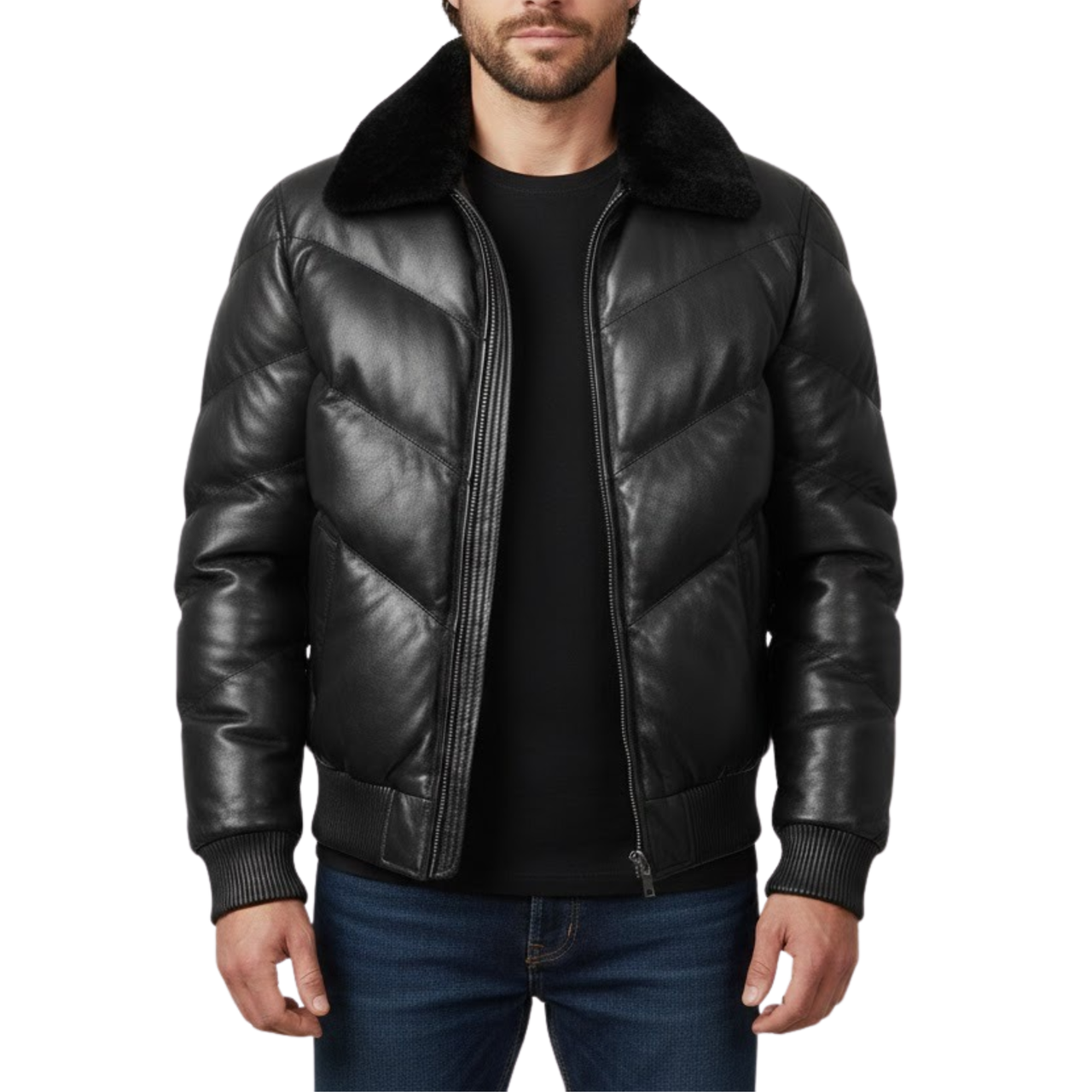 Men's Black Vintage Leather Puffer Bomber Fur Collar Winter Jacket
